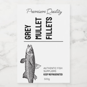 Grijze Mullet Visfilets Productlabel Voedselcontainer Etiket