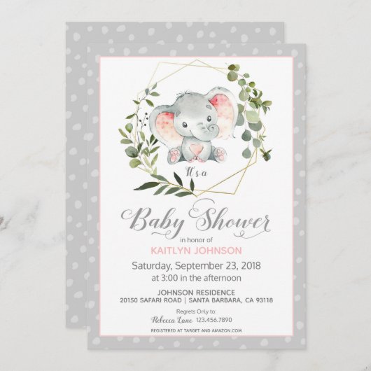 Grijze olifant Modern Baby shower Kaart (Voorkant / Achterkant)