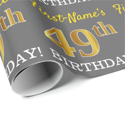Grijze, onechte gouden look "49e BIRTHDAY" Cadeaupapier (Rol Hoek)