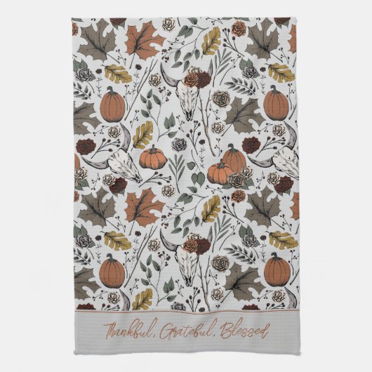 Grijze oogst en hoorns dankbaar gezegend theedoek (Verticaal)