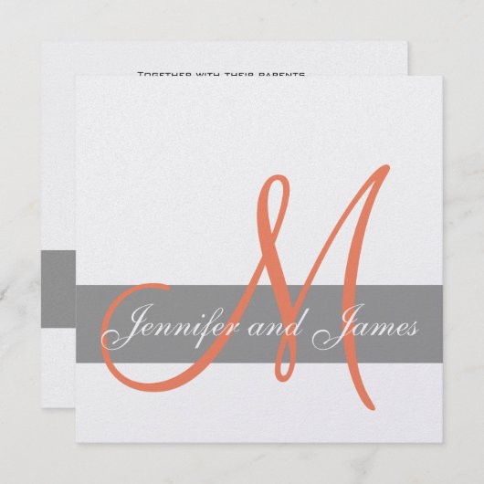 Grijze Oranje uitnodiging tot bruiloft | Monogram  (Voorkant / Achterkant)