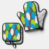 Grijze Ovenwanten & Potholder met Groen Blauwe Ova Ovenwant & Pannenlap Set (Voorkant / Achterkant)