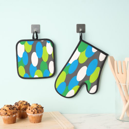 Grijze Ovenwanten & Potholder met Groen Blauwe Ova Ovenwant & Pannenlap Set (Insitu(Ophanging))