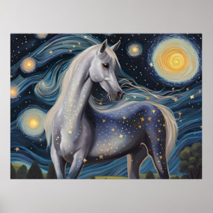Grijze paard in een sterrennacht poster