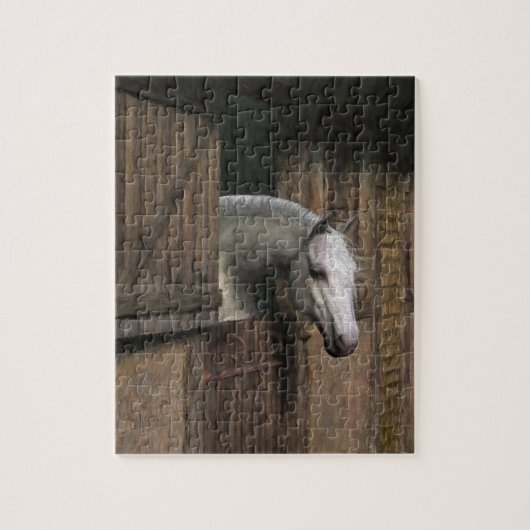 Grijze paarden aan de stabiele deur legpuzzel (Verticaal)