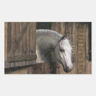 Grijze paarden aan de stabiele deur rechthoekige sticker