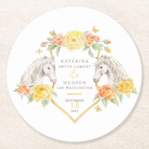 Grijze paarden en gele rozen gemonogrammeerde trou ronde kartonnen onderzetter