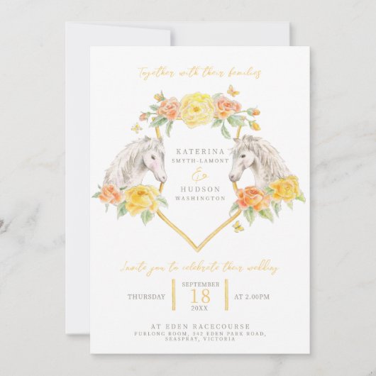 Grijze paarden en gele rozen monogram bruiloft kaart (Voorkant)