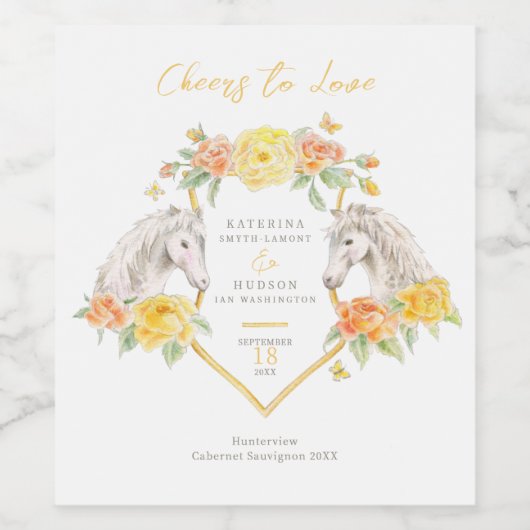 Grijze paarden en gele rozen monogram bruiloft wijn etiket (Enkel label)
