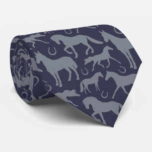 Grijze paarden en Hoefijzer afdrukken op Navy Blue Stropdas