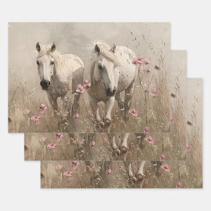 Grijze Paarden Roze Bloemen Olieverfschilderij Dec Inpakpapier Vel