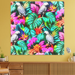 Grijze papegaai Jungle Droom Naadloos oppervlaktep Canvas Afdruk