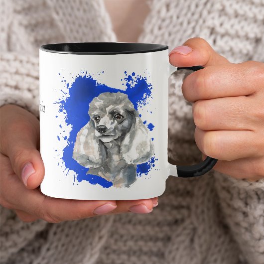Grijze Poodle Dog Blauwe Abstracte Achtergrond Mok