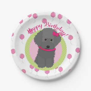 Grijze pooie Birthday Dog roze ballonnen Papieren Bordje
