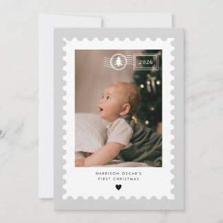 Grijze Postzegel Baby's 1e Kerstmis Foto Feestdagenkaart