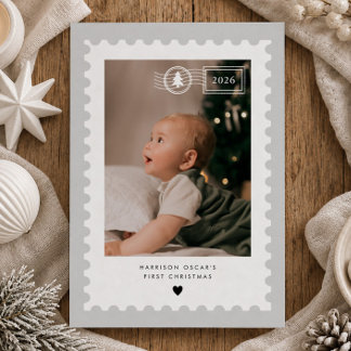 Grijze Postzegel Baby's 1e Kerstmis Foto Feestdagenkaart