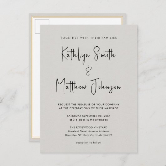 Grijze QR-code in één modern script, chic Wedding Uitnodiging Briefkaart (Voorkant / Achterkant)