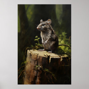 Grijze rat op boomstronk in bos wandprint, donker poster