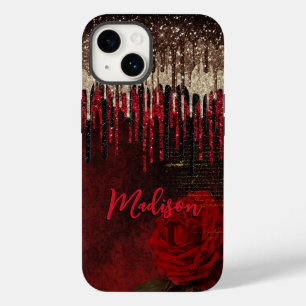 Grijze rode bloemgouddruppels Glittermonogram Case-Mate iPhone 14 Hoesje