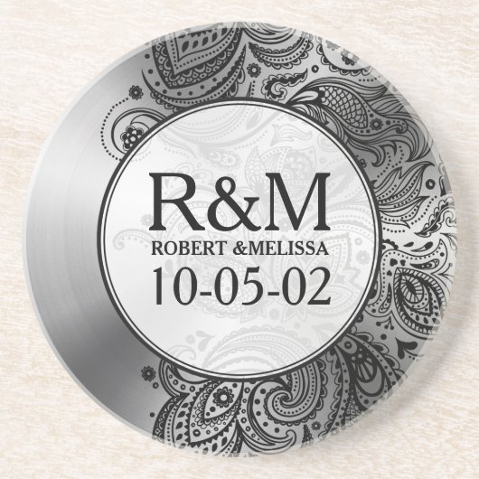 Grijze roestvrij staal Zwart paisley Zandsteen Onderzetter (Voorkant)