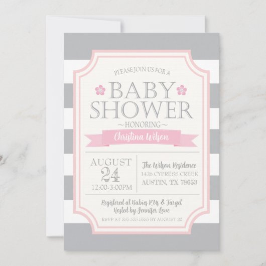 Grijze & Roze Babyshower Uitnodiging (Voorkant)