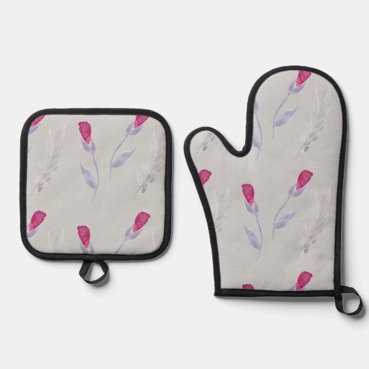 Grijze roze bloemen ovenwant & pannenlap set (Voorkant)