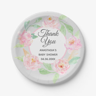 Grijze & Roze Bloemenkrans Bedankt Baby Shower Papieren Bordje