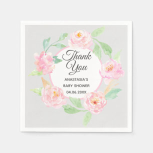 Grijze & Roze Bloemenkrans Bedankt Baby Shower Servet