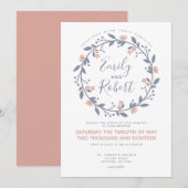 Grijze Roze Bloemenkrans Moderne Huwelijksuitnodig Kaart (Voorkant / Achterkant)