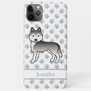 Grijze Siberische Husky Cartoon Hond & Naam iPhone 11 Pro Max Hoesje