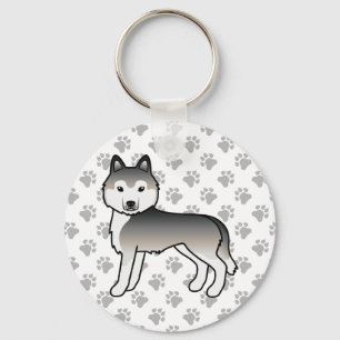 Grijze Siberische Husky Cartoon Hond & Pootjes Sleutelhanger