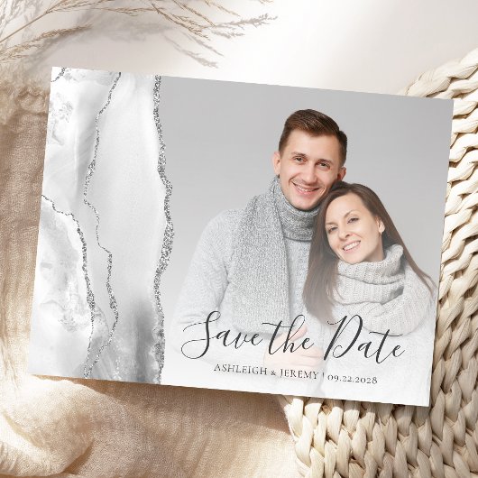 Grijze Silver Agate Custom Photo Save the Date Briefkaart