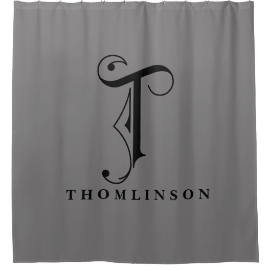 Grijze sofistikering met legant monogram T Aangepa Douchegordijn (Voorkant)