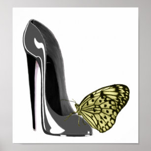 Grijze Stiletto High Hiel Schop en Gele Boterfly  Poster