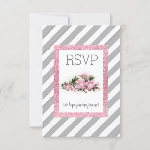 Grijze streep met roze glitter strip rsvp kaart