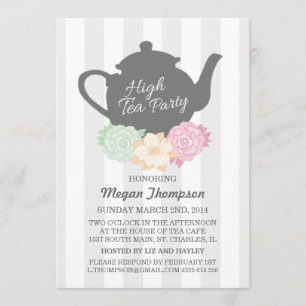 Grijze streep & theepot high tea uitnodiging