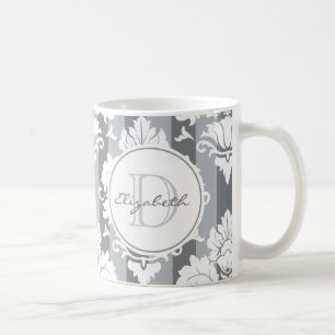 Grijze Stripe Damask Monogrammed Mok