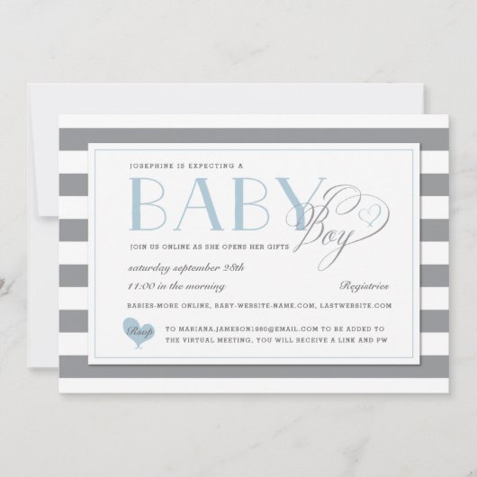 Grijze Stripe Light Blue Boy Virtual Baby shower Kaart (Voorkant)
