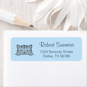Grijze Tabby Cat Pet Return Adres Blauw Etiket