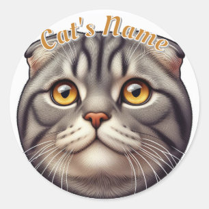  Grijze Tabby Gevouwen Oren Kat plus Naam Ronde Sticker