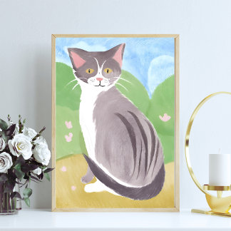 Grijze Tabby Kat | Aquarel Schilderij Poster