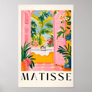 Grijze Tabby kat in een bad, roze badkamer muur Ar Poster