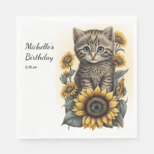 Grijze Tabby Kat Kitten Zonnebloemen Verjaardag Servet