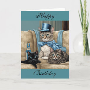 Grijze tabby kat met cape en hoed verjaardag kaart