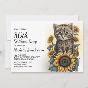 Grijze Tabby Kitten Kat Zonnebloemen 80ste Verjaar Kaart