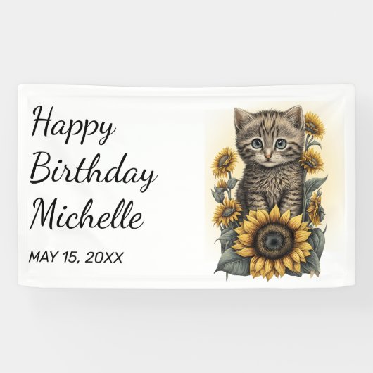 Grijze Tabby Kitten Kat Zonnebloemen Gefeliciteerd Spandoek (Horizontaal)