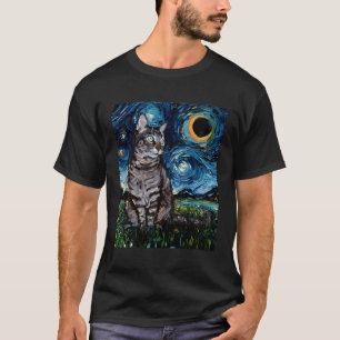 Grijze Tabby Tiger Cat Sterrennacht Moon and Stars T-shirt