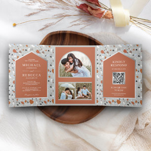 Grijze Terrazzo Tegel Terracotta Boog QR Code Trou Drieluik Uitnodiging