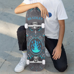 Grijze Uil Cool Modern Op Maat Gemaakte Naam Skateboard