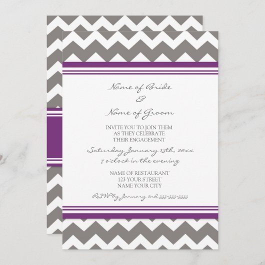 Grijze uitnodiging van Plum Chevron Engagement Par (Voorkant / Achterkant)